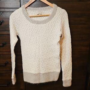LOFT Cream Cable Knit Scoop Neck Sweater with Heather Trim